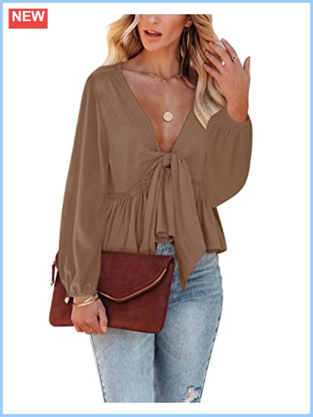 Long Sleeve V Neck Babydoll Tie Front Crop Top Ruffle Hem Casual